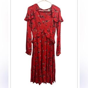 ASOS Size 4 Red V Neck Long Sleeve Floral Midi Dress with Ruffle Detail